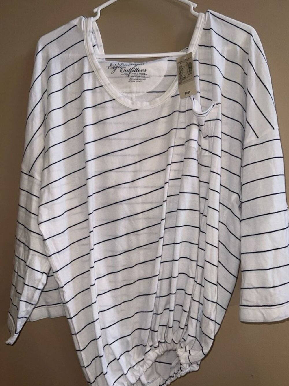 American Eagle Outfitters Hooded Striped Top XXL White Blue Drawstring Hem NWT